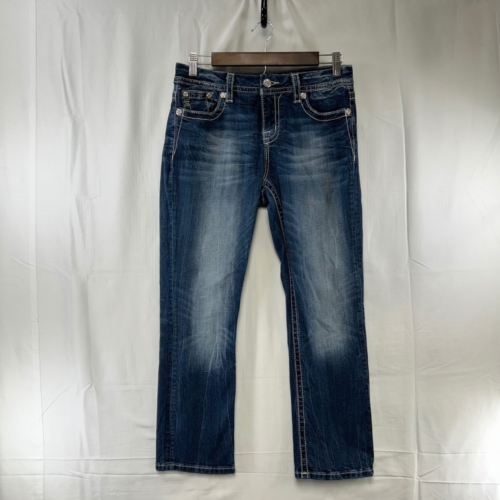 Miss Me Easy Crop Jeans Womens 27 Blue Embroidered Sequin Mid Rise B3102EC2